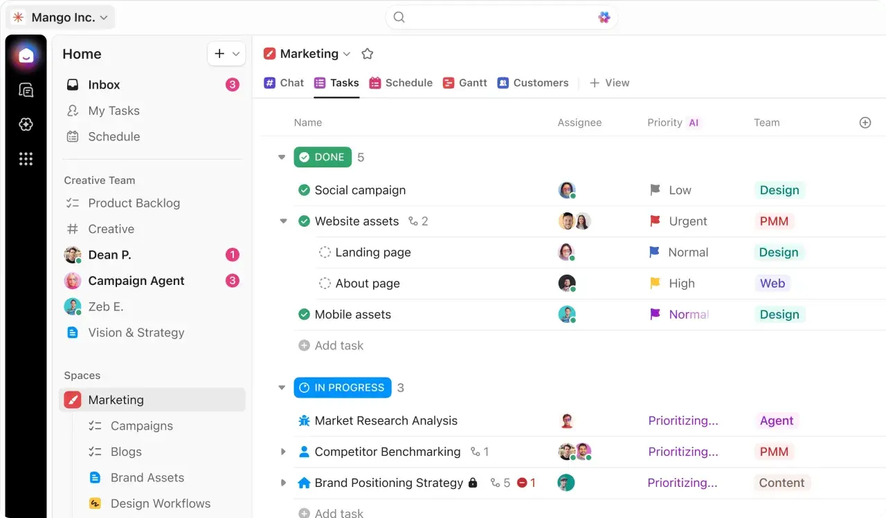 Tableau de tâches marketing avec des éléments terminés et en cours. Cliquez sur "up" pour voir plus de détails.