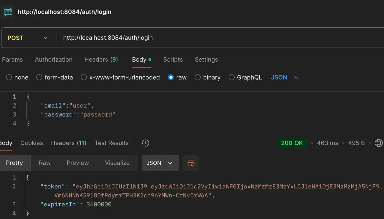 Connexion réussie avec spring security JWT. Le corps de la requête POST contient les identifiants, la réponse renvoie un token JWT.