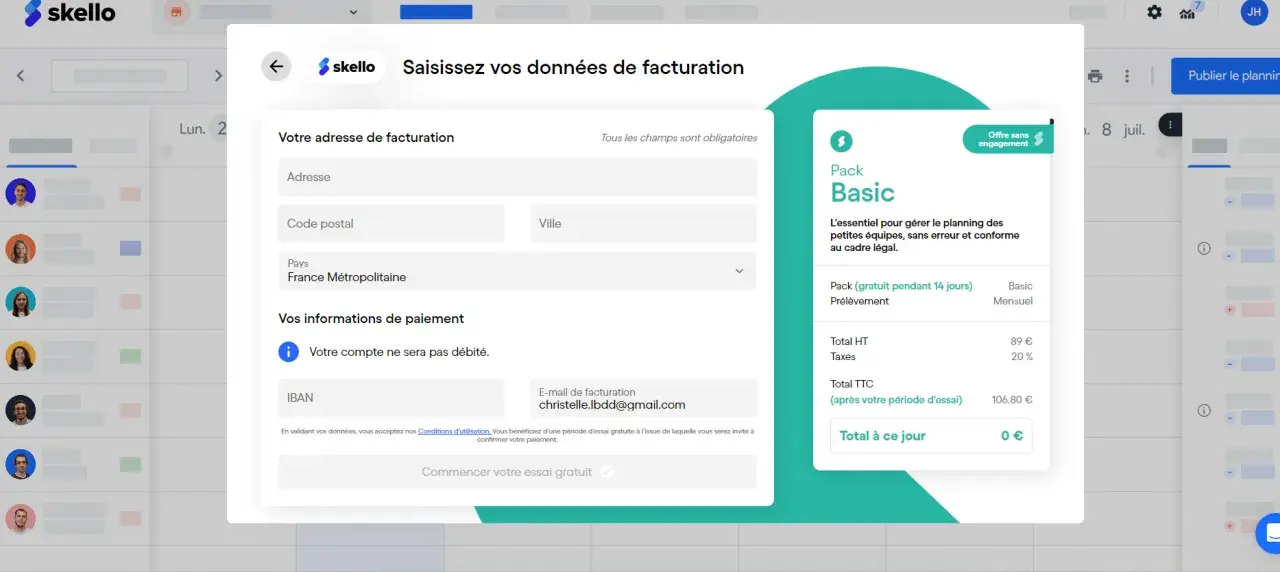 Interface Skello pour la saisie des données de facturation, offrant un pack Basic pour le skello planning.