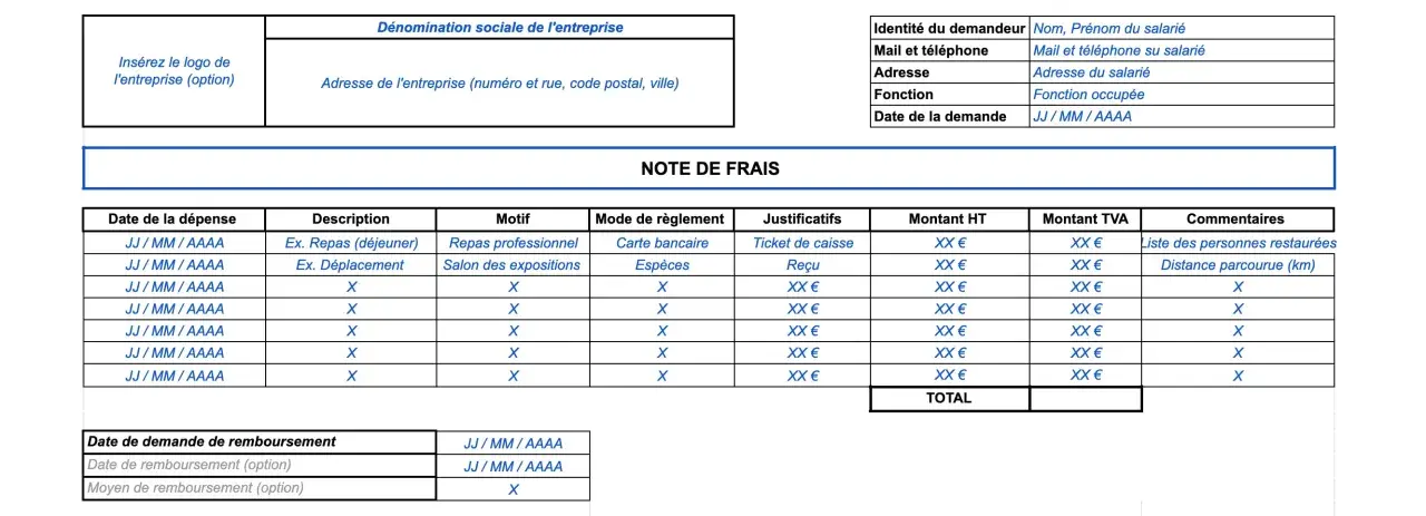 Formulaire de note de frais avec des exemples de dépenses professionnelles, comme des repas et des déplacements.