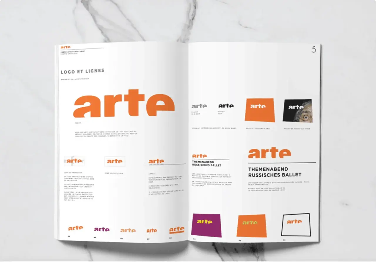 Exemple de cahier des charges fonctionnel : présentation du logo Arte, ses déclinaisons et règles d'utilisation.