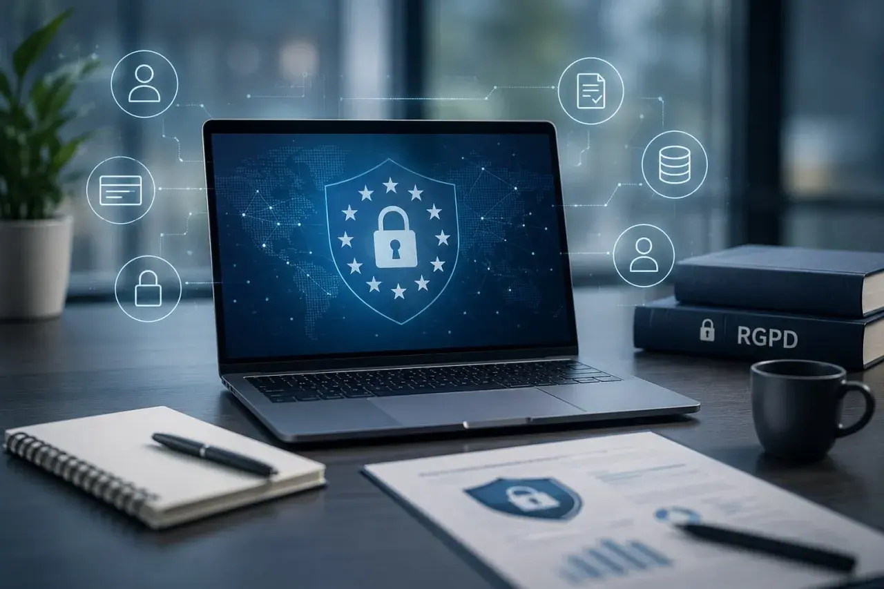 Ordinateur affichant un bouclier de sécurité avec un cadenas, symbolisant la protection des données. Le **RGPD et l'IA** sont au cœur de cette représentation de la cybersécurité.