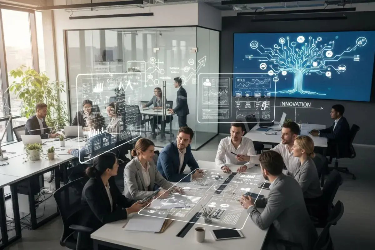 Équipe discutant autour d'une table, utilisant des outils de gestion d'entreprise futuristes projetés en 3D.