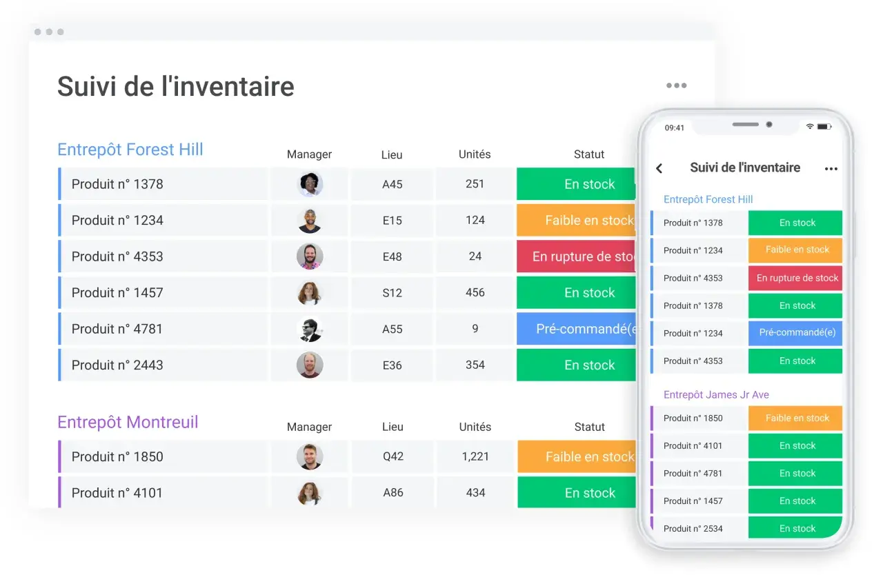 Tableau de suivi d'inventaire avec statuts (en stock, faible, rupture). Idéal pour un logiciel gestion stock gratuit.