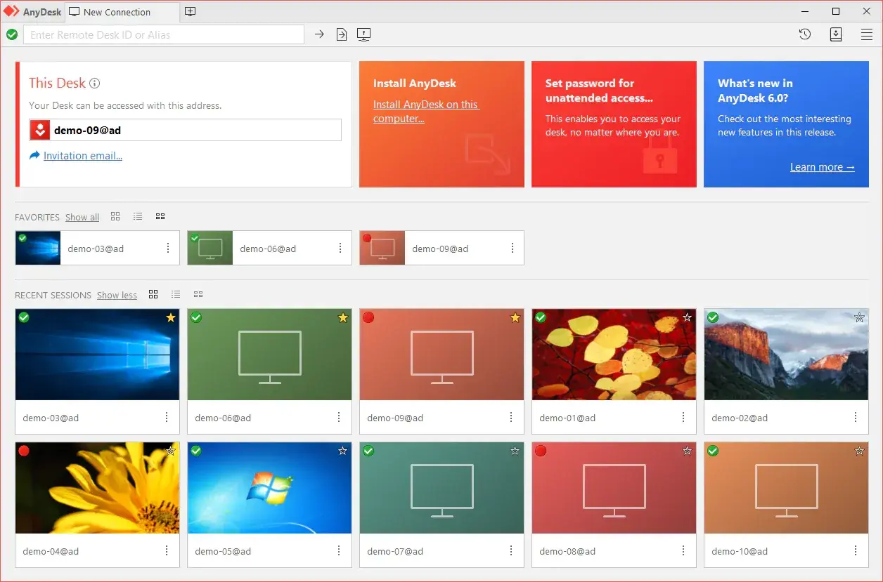 Interface AnyDesk avec des bureaux favoris et des sessions récentes. Votre bureau est accessible via demo-09@ad.