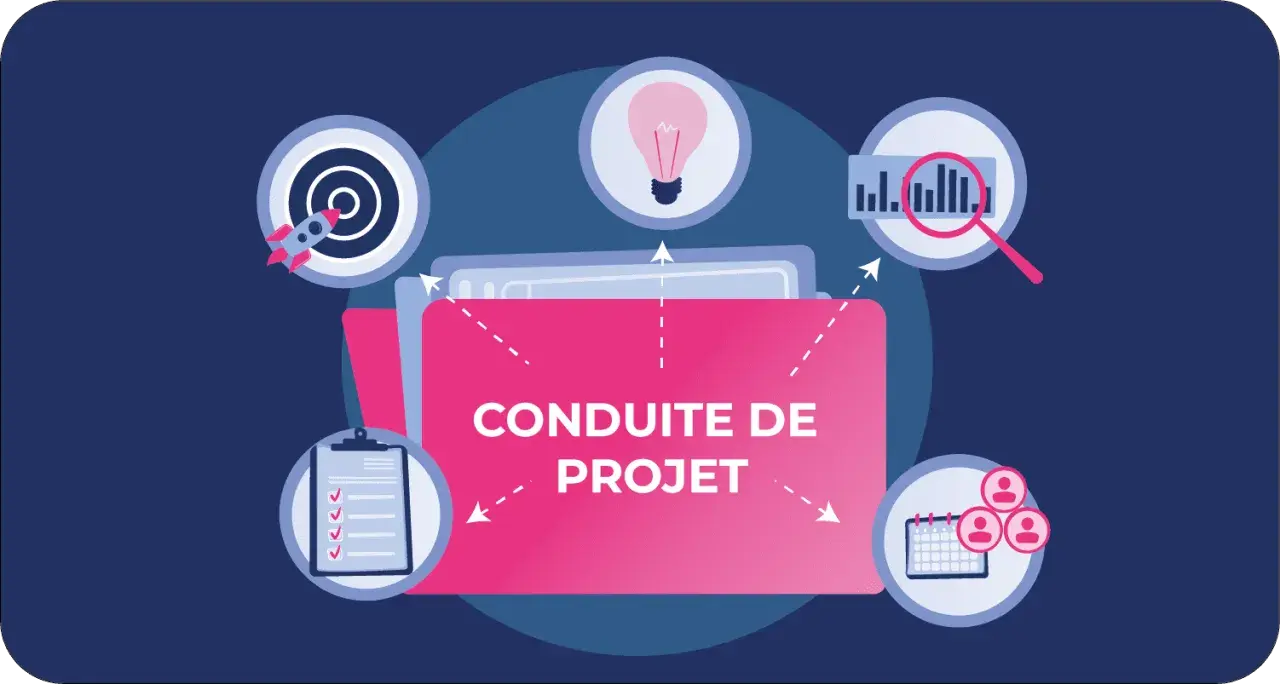 Icône de dossier rose "Conduite de projet" entourée d'icônes : fusée, ampoule, graphique, liste, calendrier. Illustration des enjeux d'un projet.