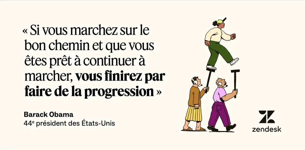 Illustration d'une citation de Barack Obama sur la progression, symbolisant le travail d'équipe. Une personne marche sur les épaules d'autres, qui la soutiennent.