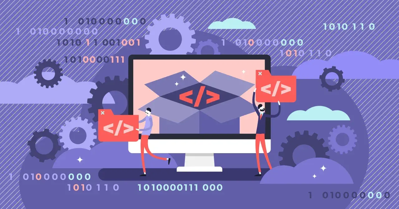 Des développeurs collaborent, symbolisant la communauté open source. Des engrenages et du code binaire évoquent la technologie et l'innovation.