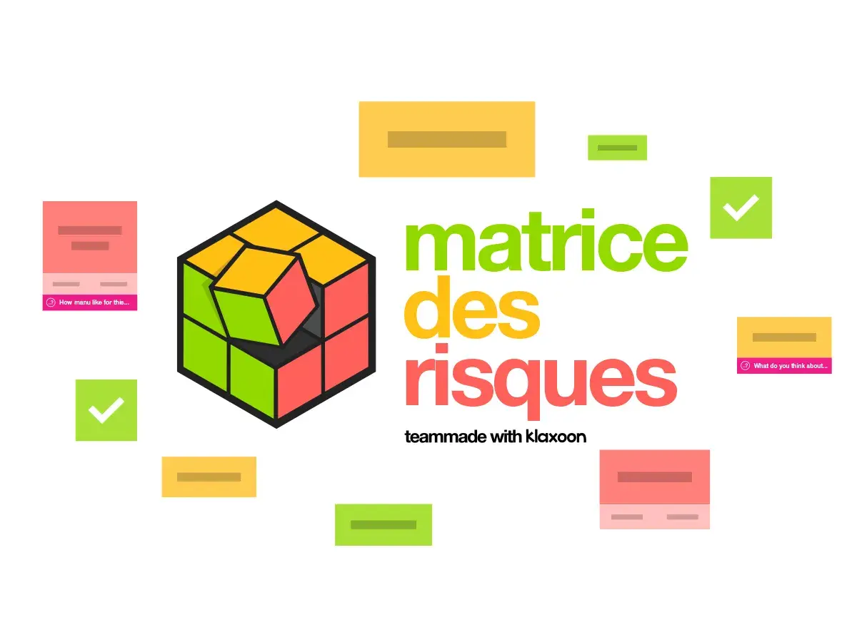 Un cube Rubik's déstructuré symbolise les matrices des risques. Des éléments visuels suggèrent l'analyse et la prise de décision.
