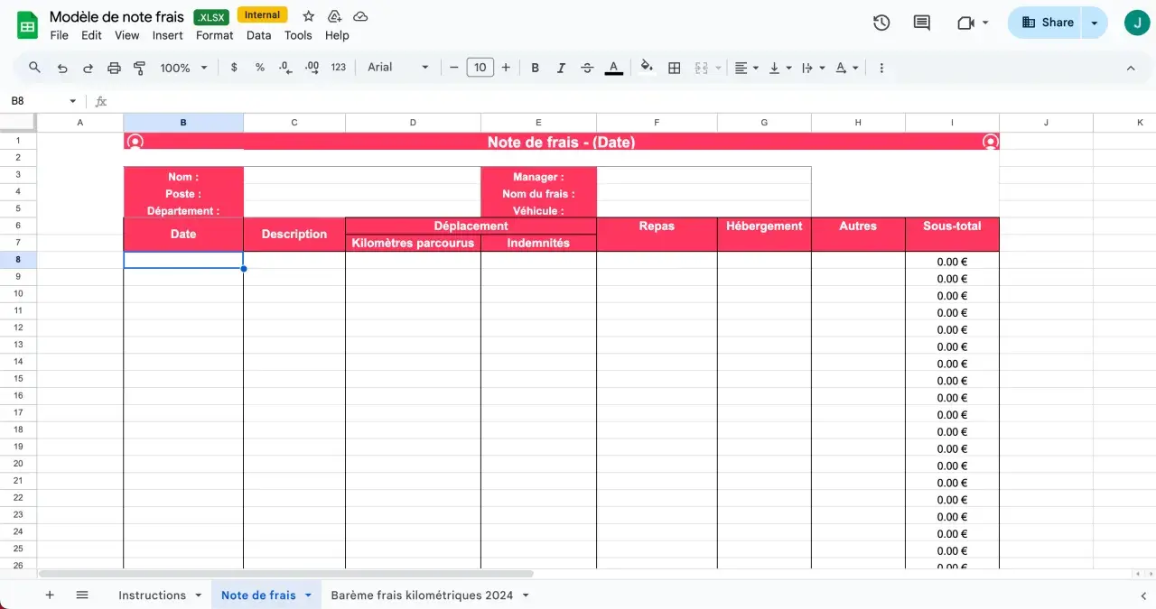 Modèle de note de frais vierge dans un tableur, prêt à enregistrer vos dépenses de déplacement, repas et hébergement.