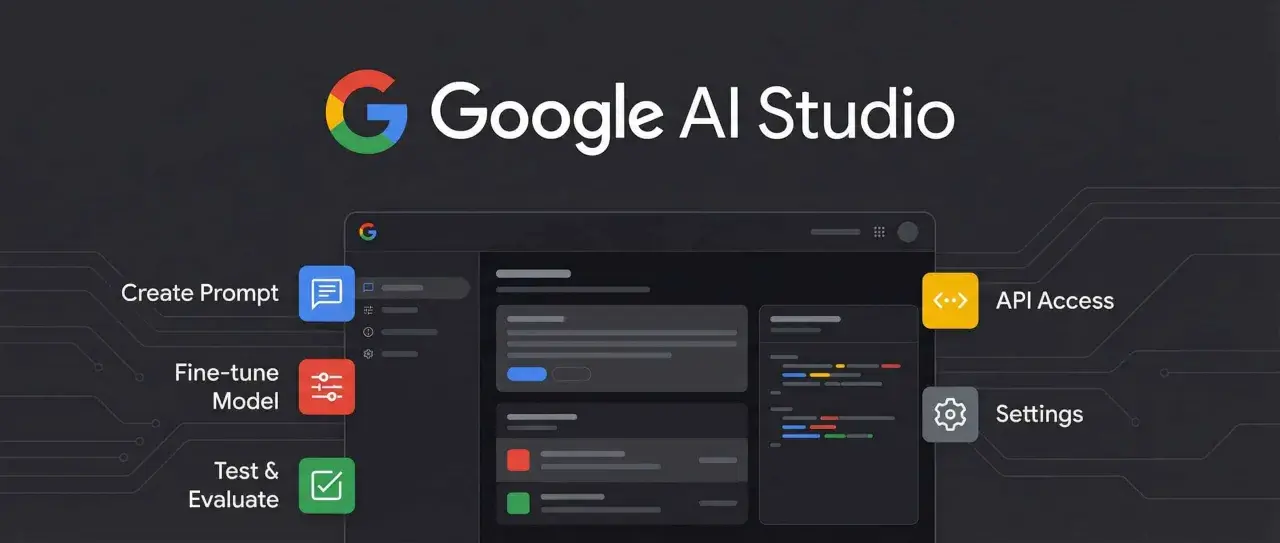 Interface de Google AI Studio pour créer, affiner et tester des modèles. Accès API et paramètres disponibles.