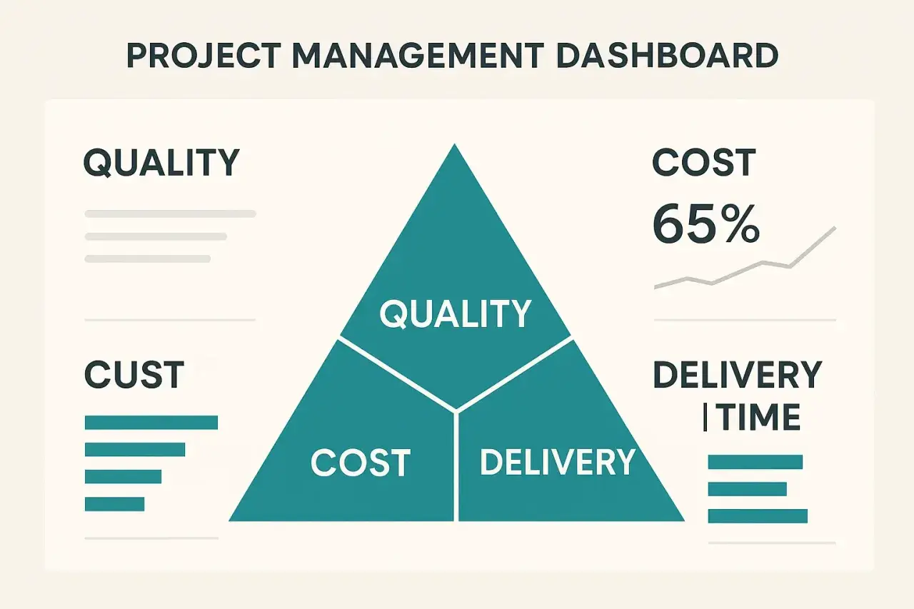 Tableau de bord de gestion de projet : un triangle d'or projet illustre la qualité, le coût (65%) et la livraison.