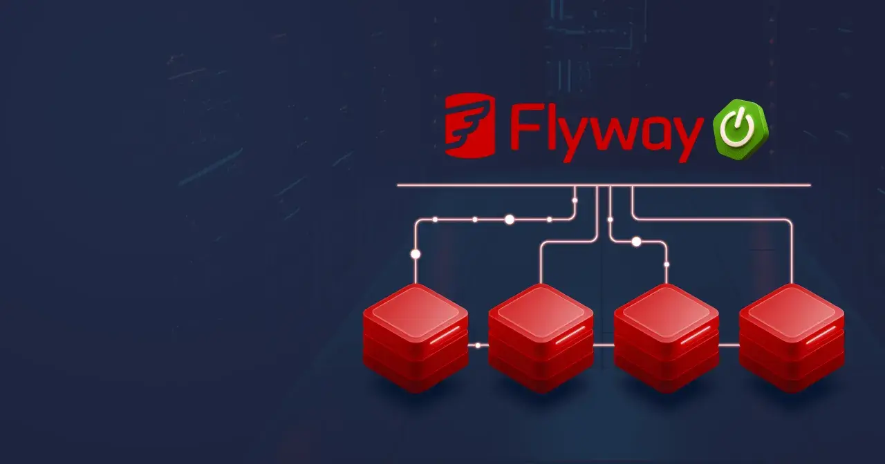 Logo Flyway et des icônes de base de données connectées, symbolisant la gestion des migrations de base de données pour des applications Spring Boot.