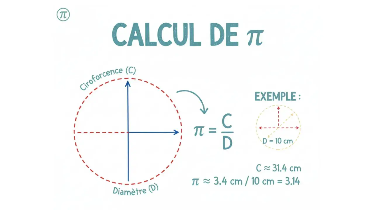 Le calcul de π : la circonférence divisée par le diamètre. Un exemple montre que pour un diamètre de 10 cm, π vaut environ 3.14.