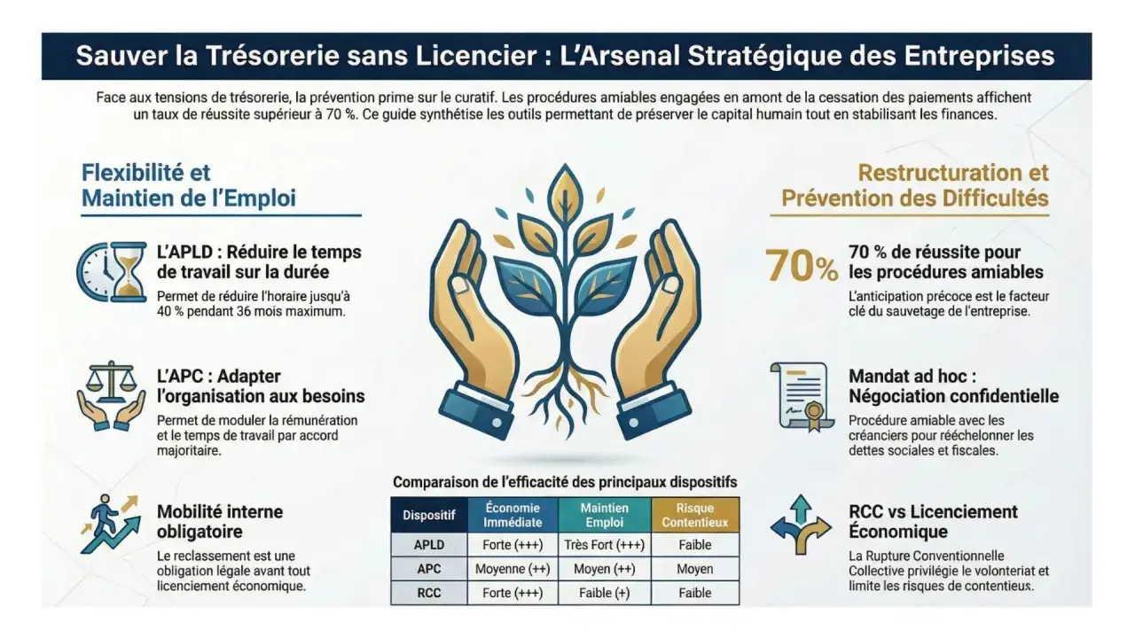 Stratégies pour éviter le problème de trésorerie : flexibilité, restructuration, et procédures amiables pour sauver l'entreprise.