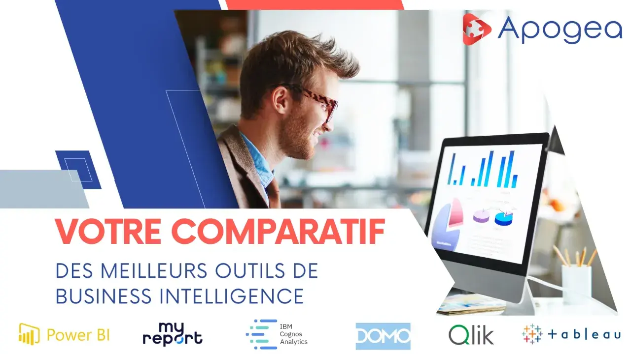 Un homme souriant regarde un écran d'ordinateur affichant des graphiques. Le texte "VOTRE COMPARATIF DES MEILLEURS OUTILS DE BUSINESS INTELLIGENCE" suggère un logiciel d'aide à la décision.