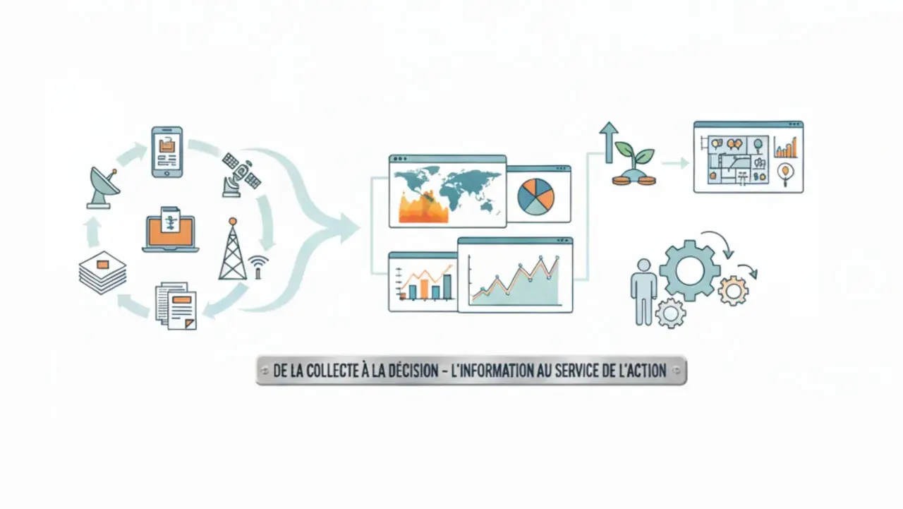 Schéma illustrant un système d'information de gestion : collecte de données (satellites, antennes, mobile, PC) vers analyse (cartes, graphiques) et décision (croissance, homme, rouages).