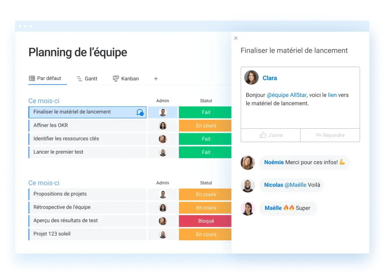 Tableau de planification d'équipe. La tâche "Finaliser le matériel de lancement" est en cours, avec des commentaires d'équipe.