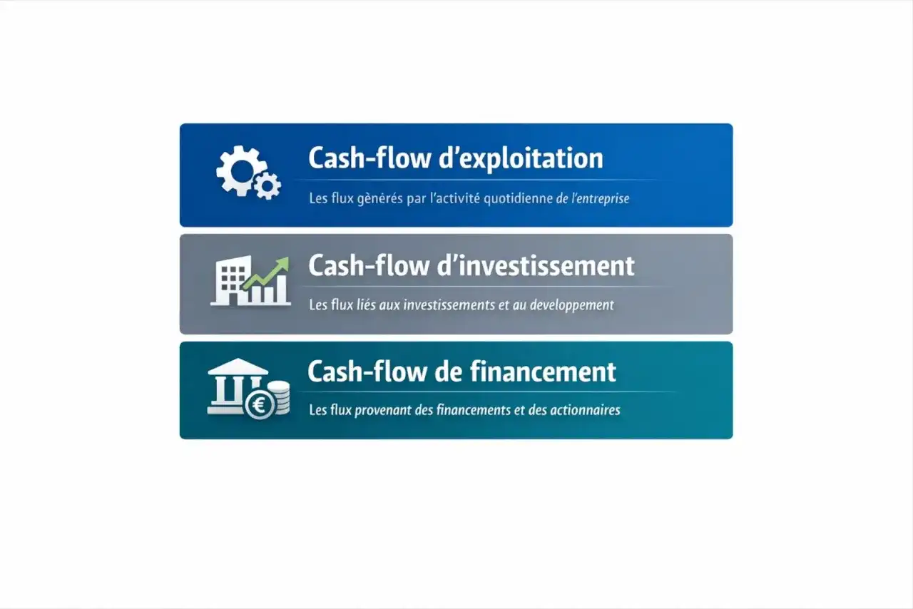 Trois types de cash-flow : exploitation, investissement et financement, illustrés par des icônes.
