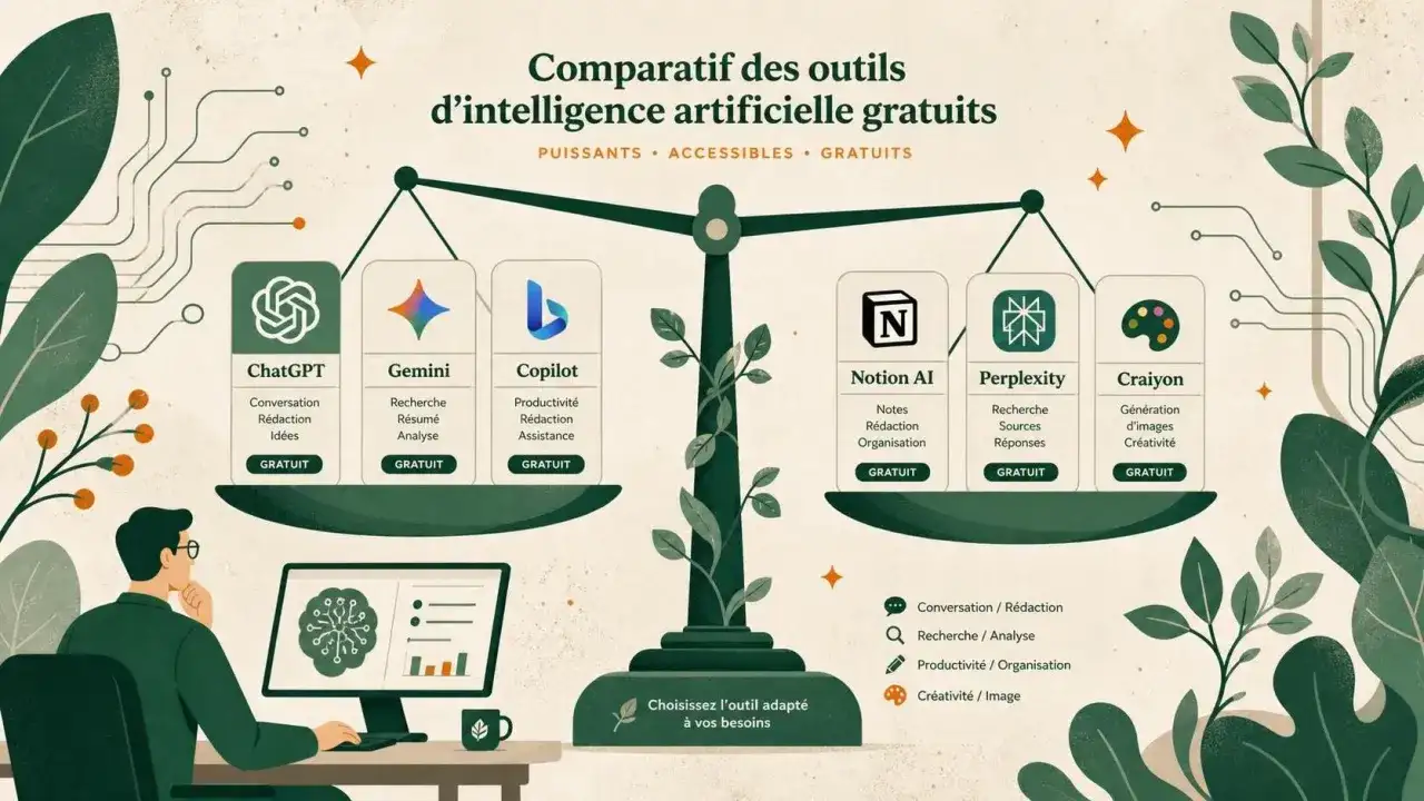 Comparatif d'outils d'intelligence artificielle gratuits : ChatGPT, Gemini, Copilot, Notion AI, Perplexity, Craiyon. Chacun offre des fonctionnalités uniques pour la conversation, la rédaction, la recherche, la productivité et la création d'images.