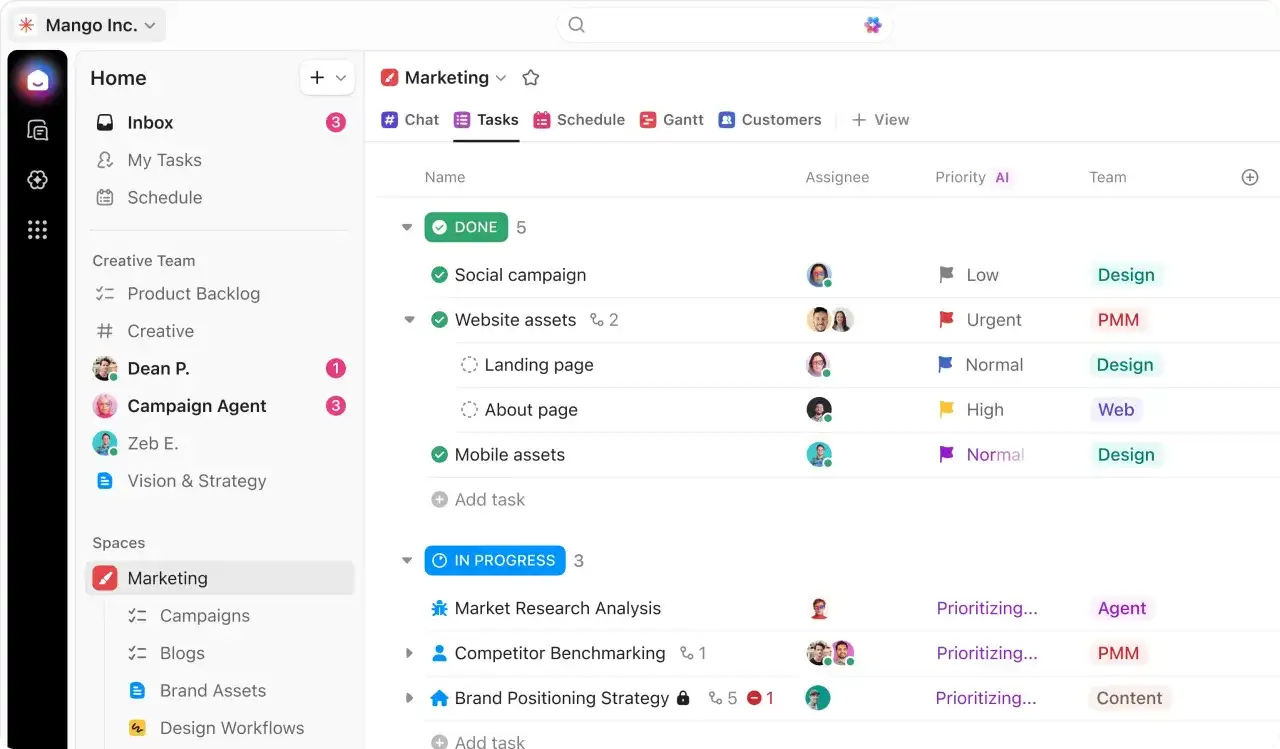 Tableau de tâches marketing avec des éléments terminés et en cours. Cliquez sur "up" pour voir plus de détails.