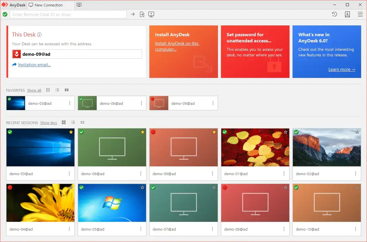 Interface AnyDesk avec des bureaux favoris et des sessions récentes. Votre bureau est accessible via demo-09@ad.