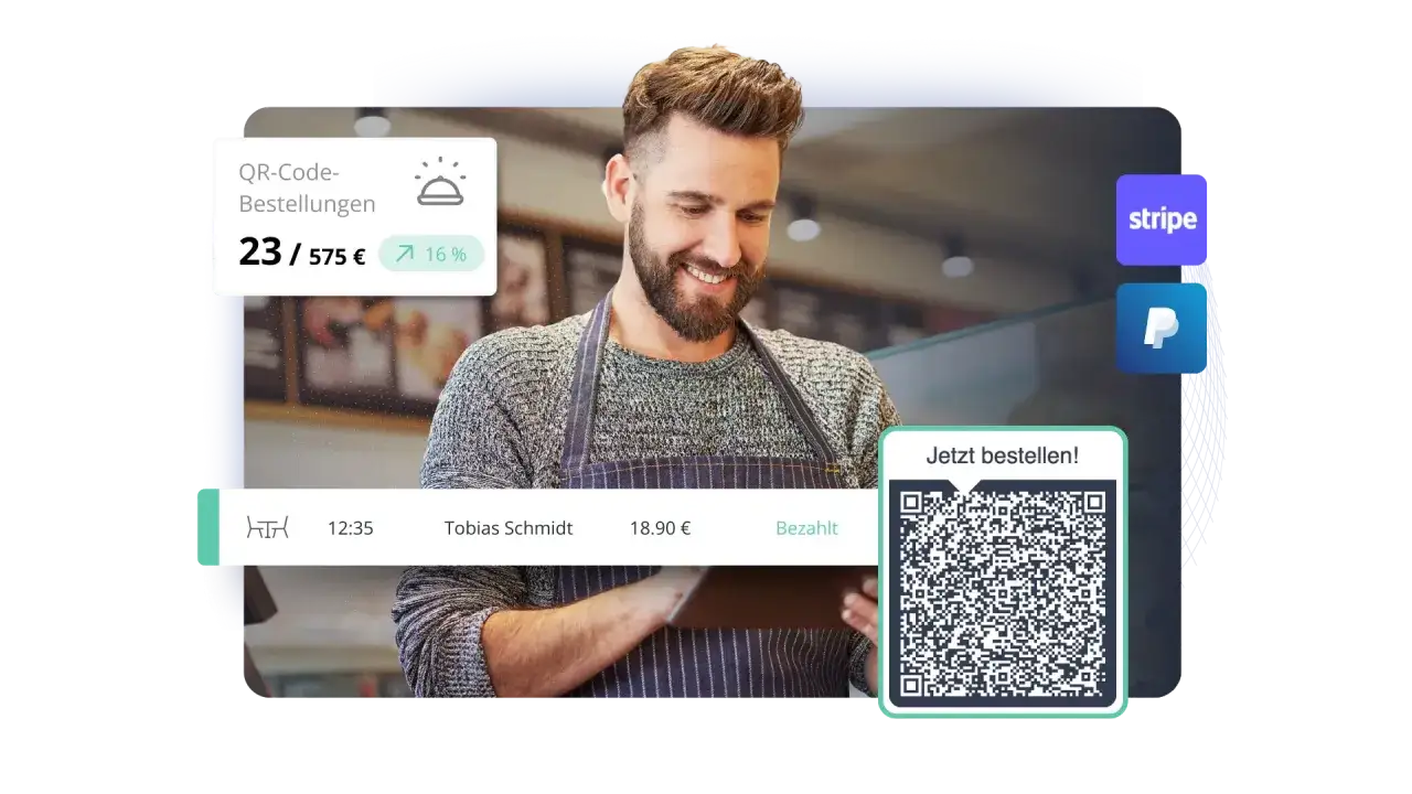 Un serveur souriant utilise une application prise de commande gratuit. Un QR code permet de commander.