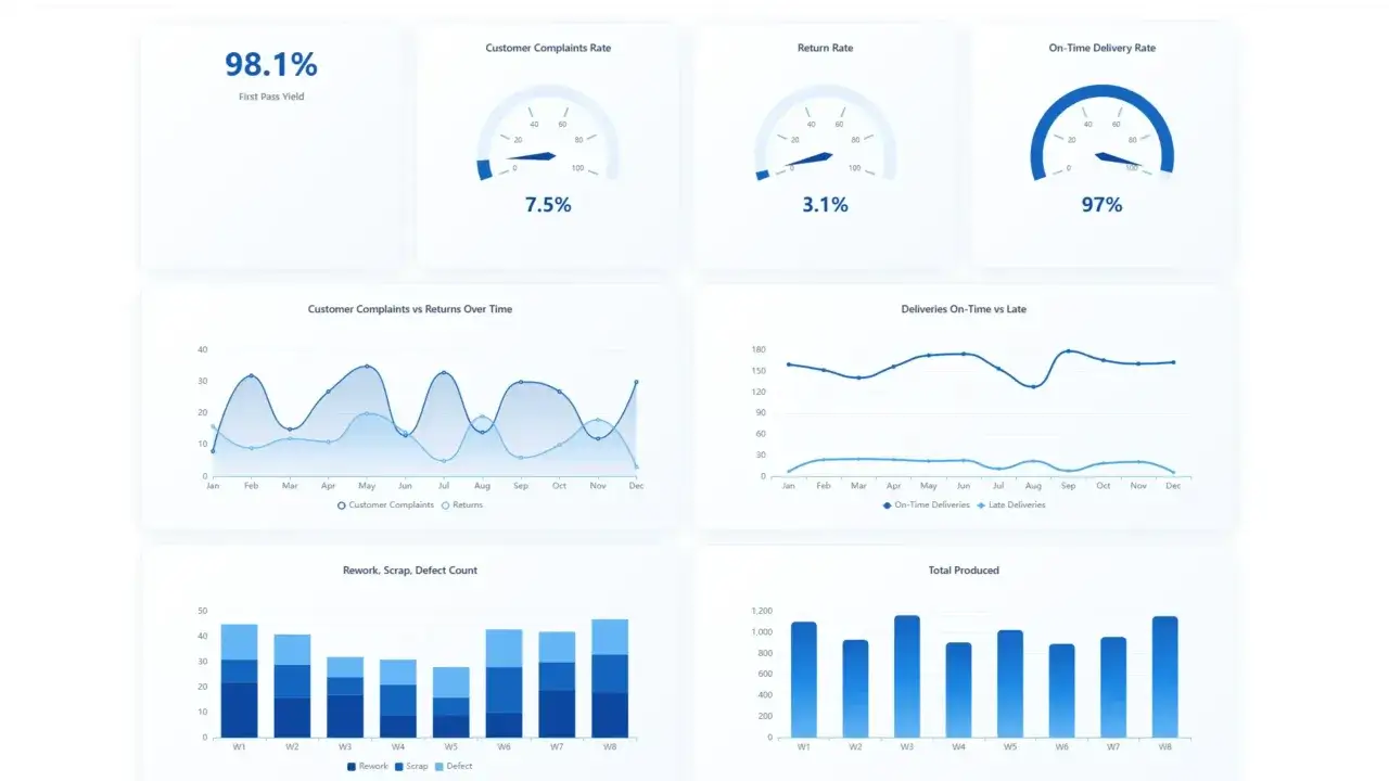 Tableau de bord d'un outil de reporting, affichant des indicateurs cl&eacute;s comme le rendement, les plaintes clients, les retours, les livraisons &agrave; temps et la production.