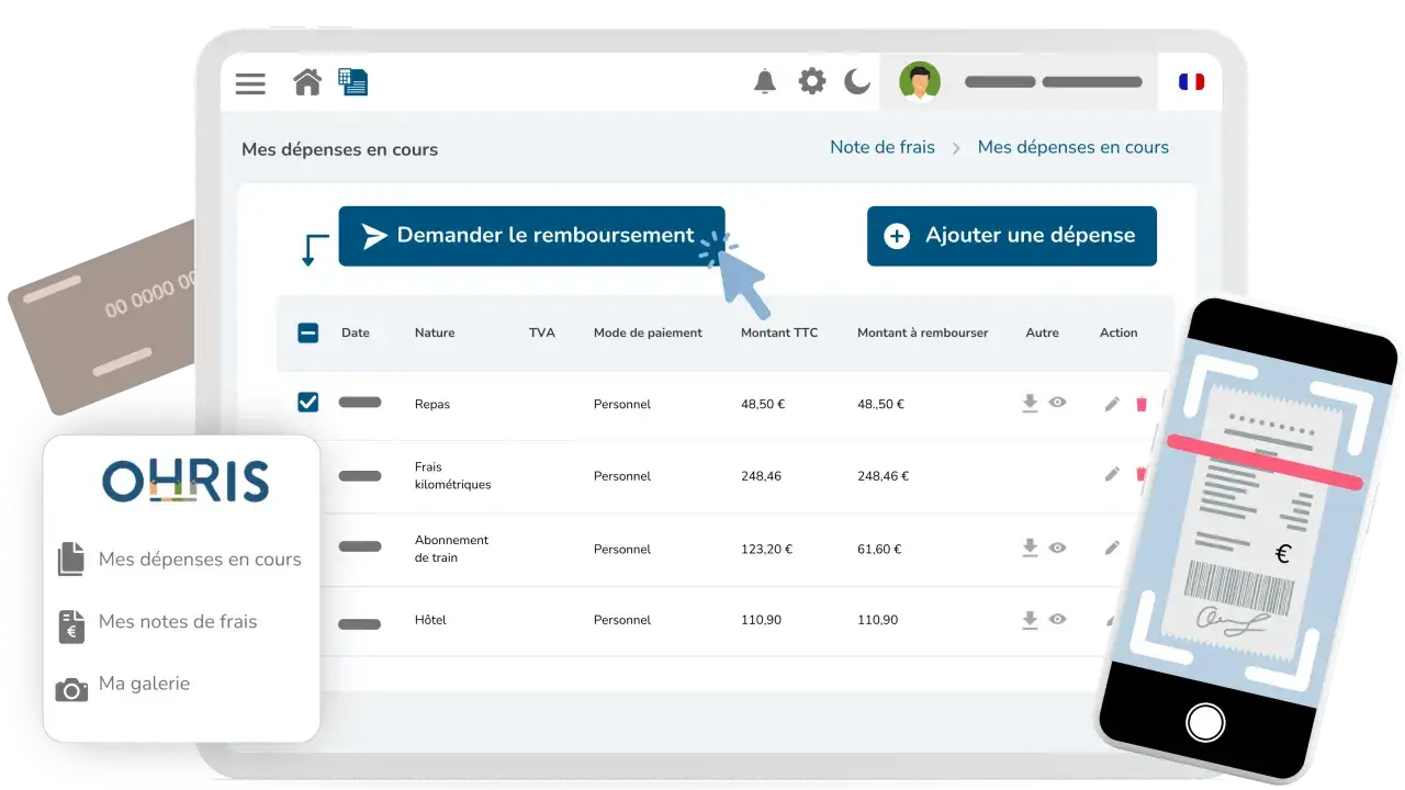Interface d'une application de gestion de d&eacute;penses, montrant une liste de notes de frais avec des options pour demander le remboursement ou ajouter une d&eacute;pense.