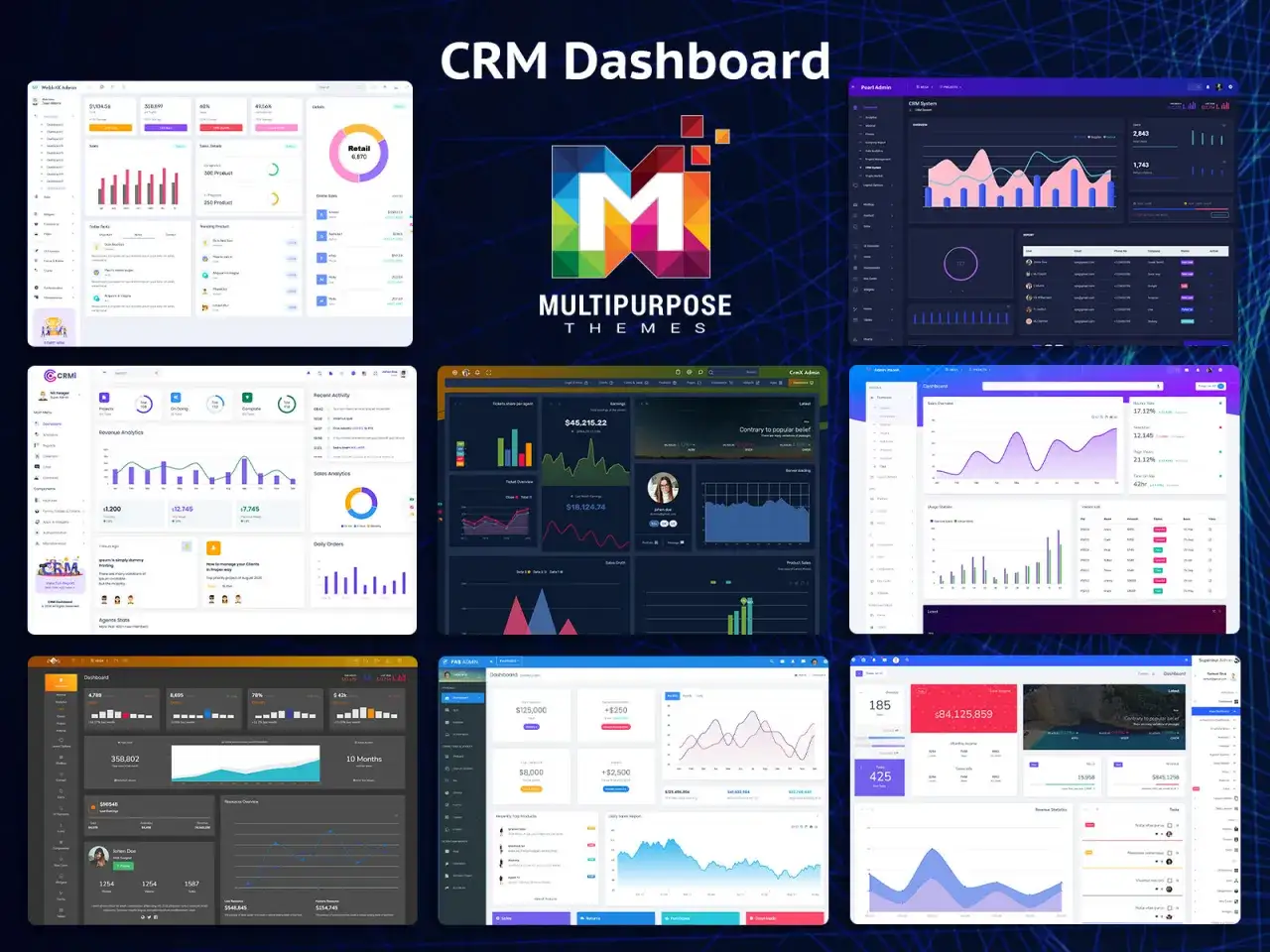 Plusieurs tableaux de bord visuels pour une solution de gestion de la relation client (CRM), affichant des graphiques, des statistiques et des donn&eacute;es cl&eacute;s.