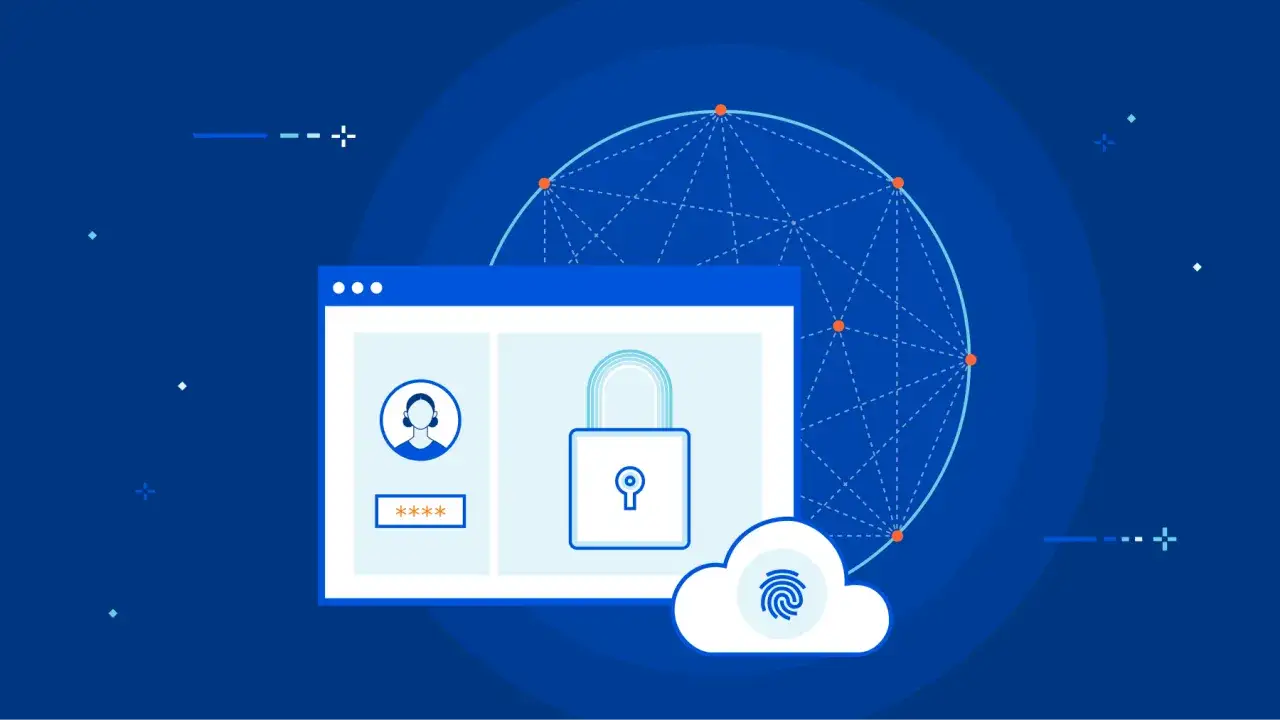 Connexion s&eacute;curis&eacute;e &agrave; une instance EC2 via une interface web avec ic&ocirc;ne de cadenas et empreinte digitale dans un nuage.
