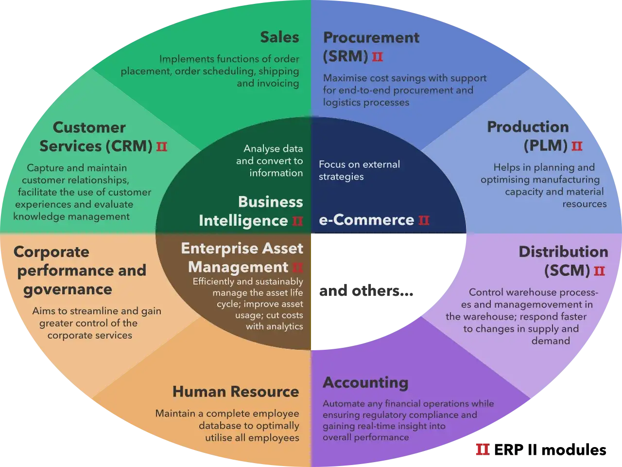 Diagramme circulaire illustrant les modules d'un PGI : Ventes, CRM, BI, e-Commerce, SRM, PLM, SCM, Comptabilité, RH, Gestion d'actifs, Gouvernance.