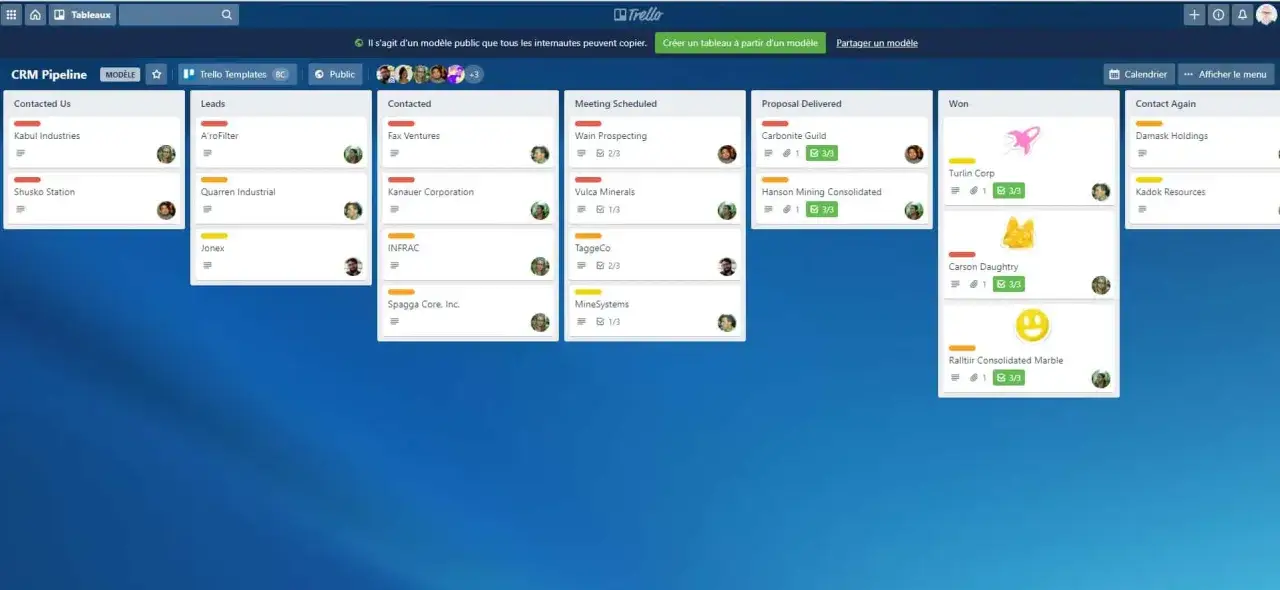 Tableau de bord d'un logiciel CRM open source, g&eacute;rant les prospects et les contacts dans un flux de travail visuel.