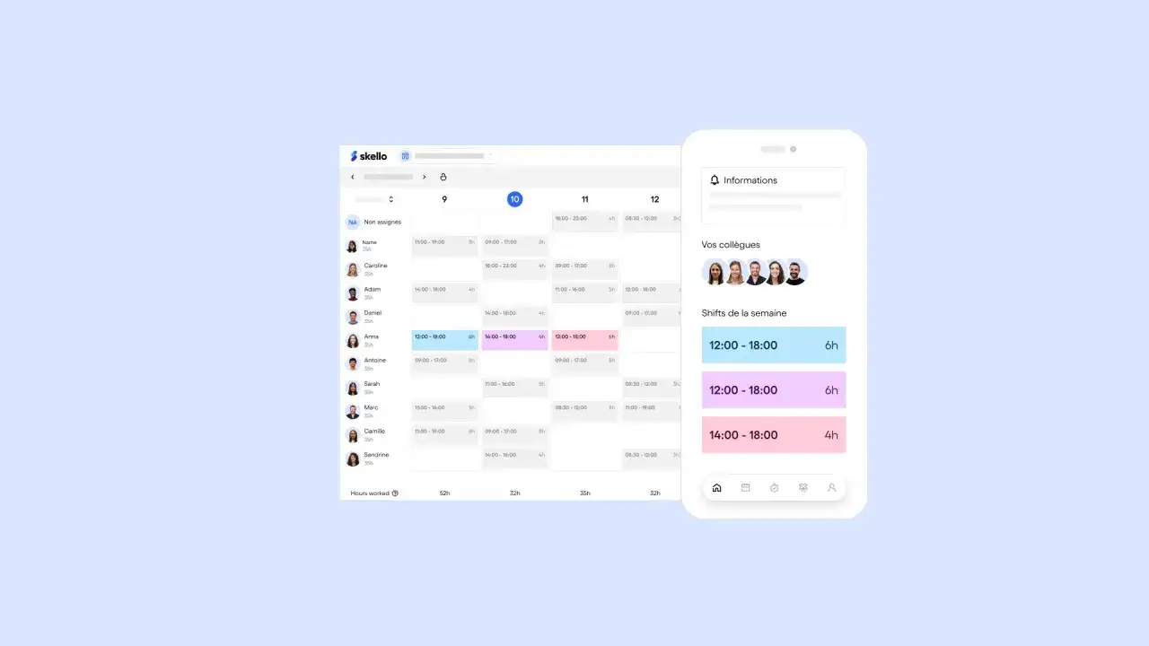 Interface de skello planning avec un calendrier et des informations sur les équipes.