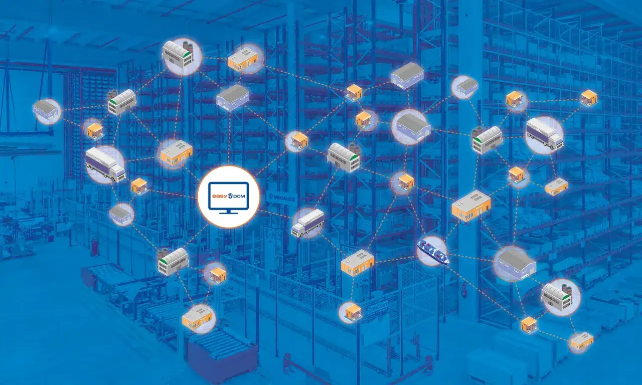 Un réseau de bâtiments, camions et navires connectés par des lignes orange, symbolisant un outil de suivi du traitement des commandes.