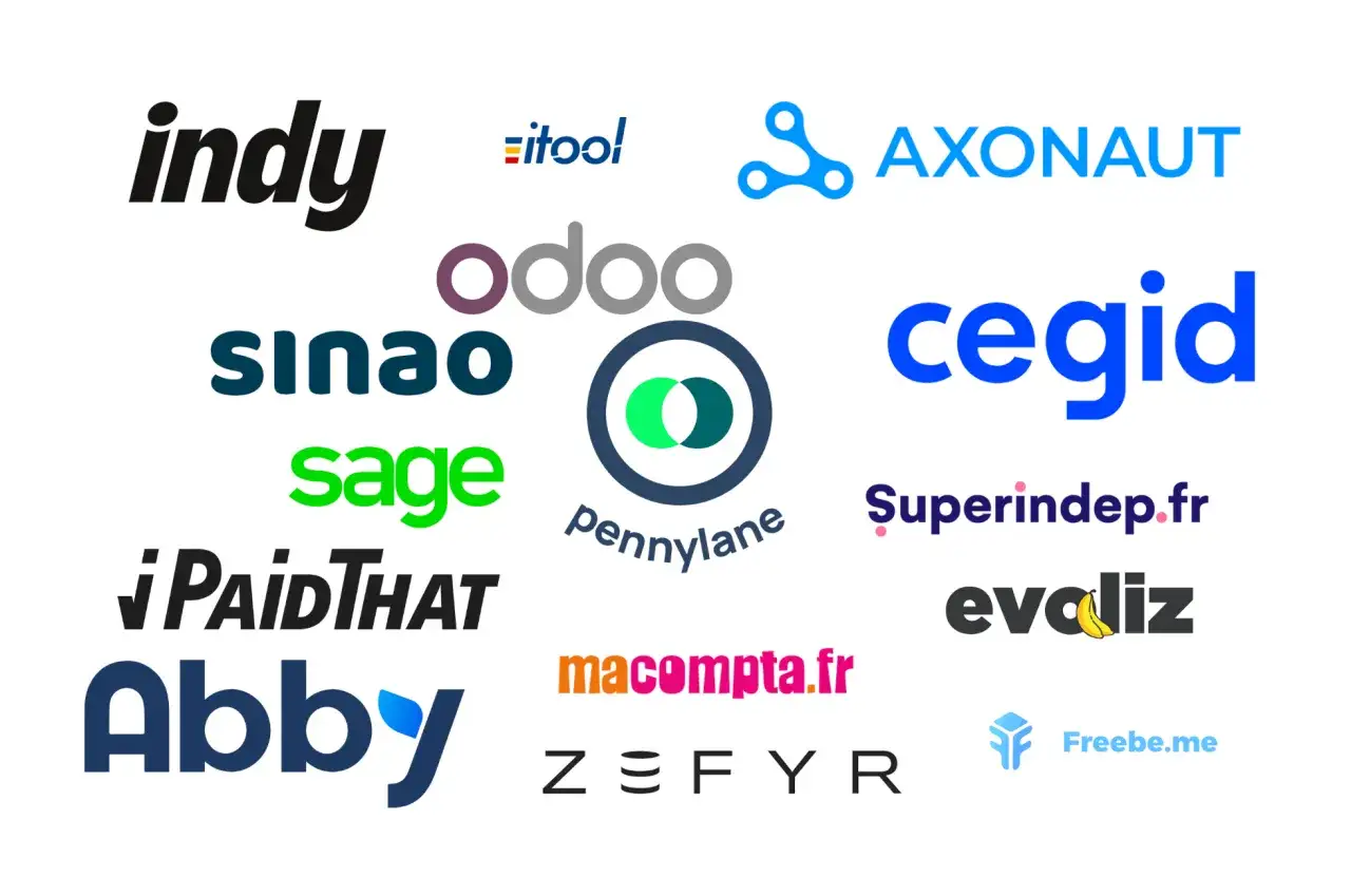 Logos de logiciels comptables les plus utilis&eacute;s : Indy, Odoo, Sage, Cegid, Pennylane, etc.