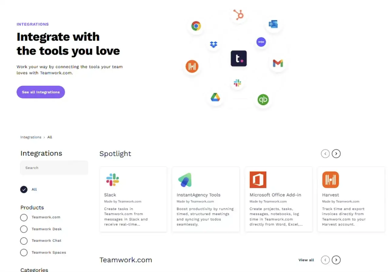 Page d'int&eacute;gration Teamwork.com montrant des outils de gestion du temps et des applications connect&eacute;es.