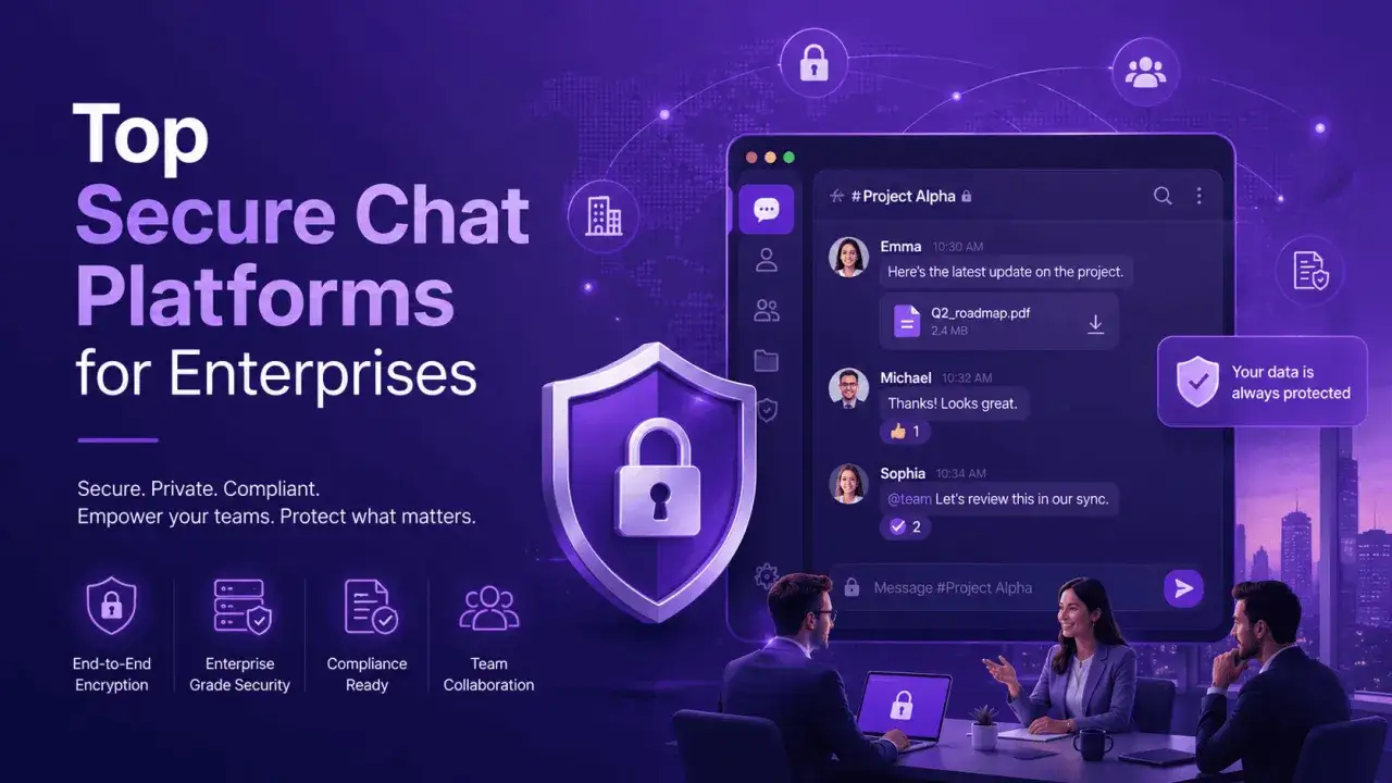 Interface d'un logiciel de chat d'entreprise sécurisé, avec des icônes de cadenas et de bouclier.