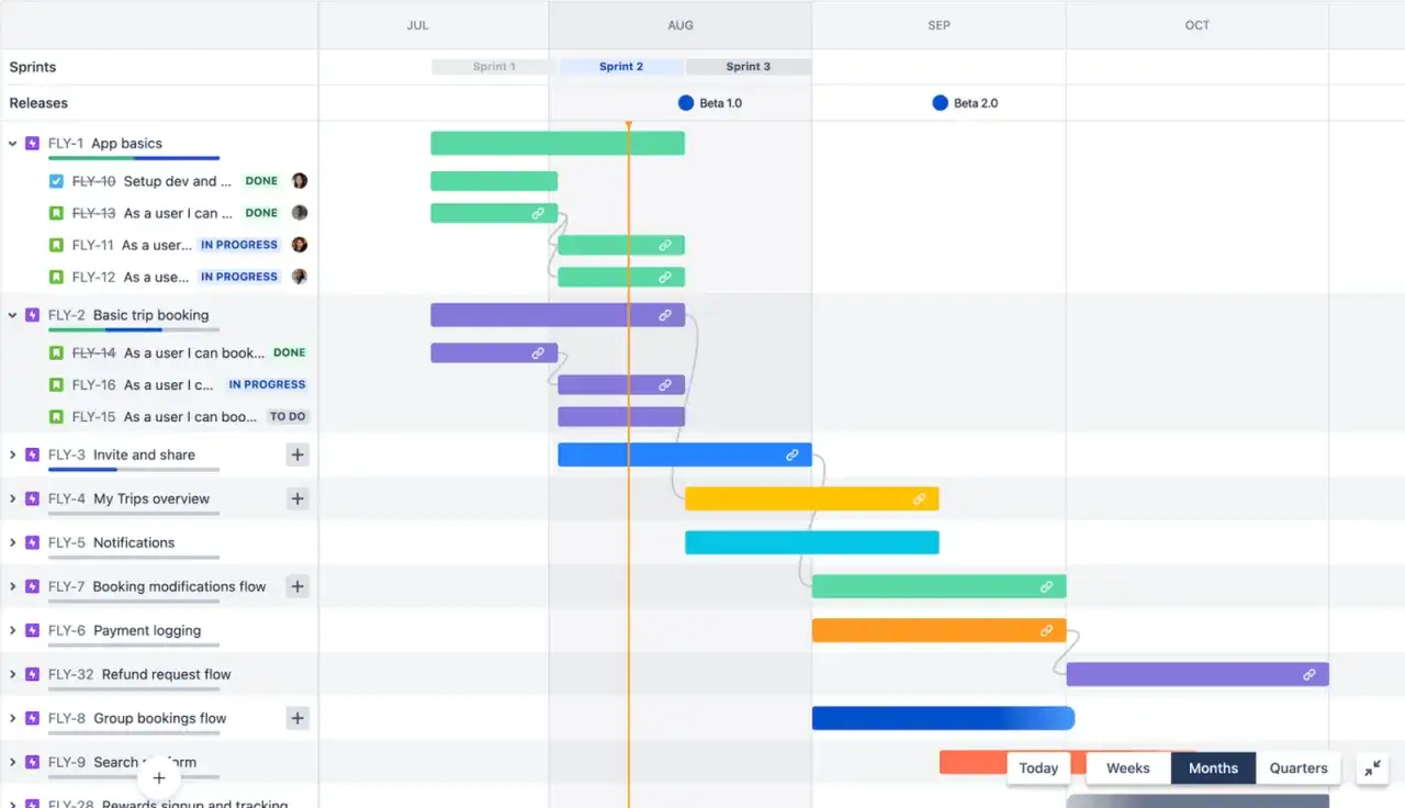 Tableau de bord visuel d'un outil de planification de projet, montrant des t&acirc;ches et des jalons sur une chronologie.