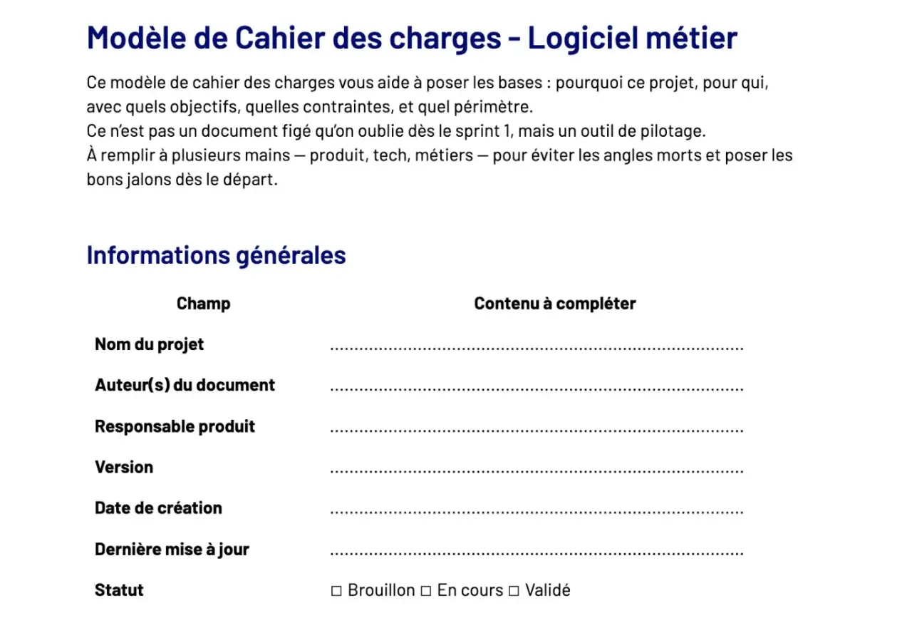 Modèle de cahier des charges fonctionnel exemple. Ce document sert de guide pour définir les bases d'un projet logiciel métier.