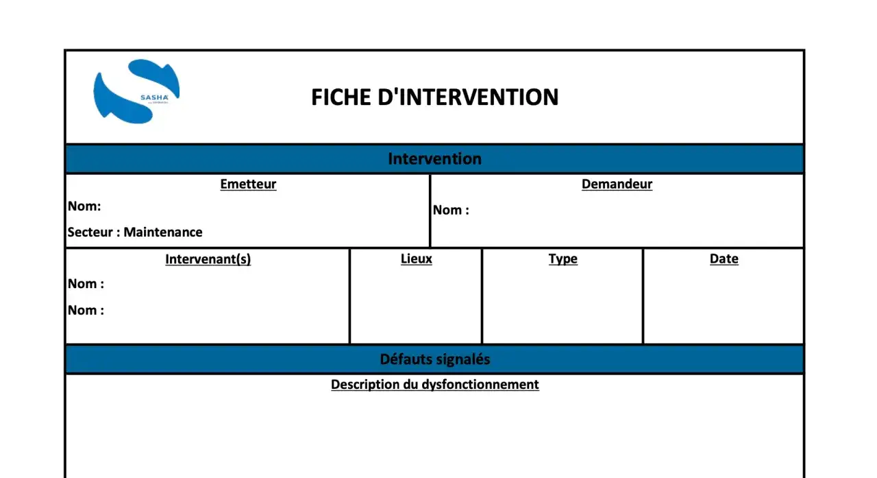 Fiche d'intervention pour le suivi des interventions, avec champs pour émetteur, demandeur, intervenants, lieux, type, date et description des dysfonctionnements.