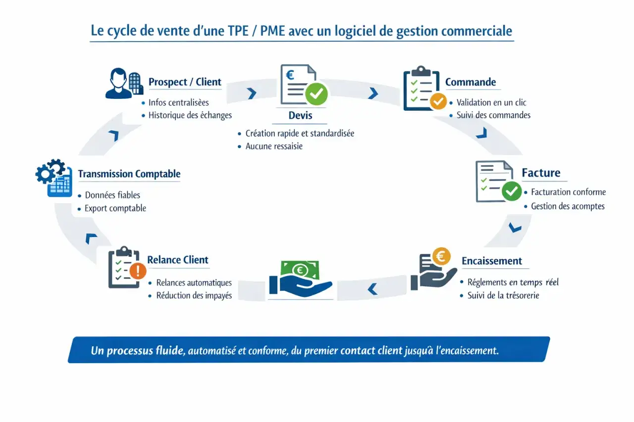Schéma du cycle de vente : prospect, devis, commande, facture, encaissement. Le suivi des factures est intégré.