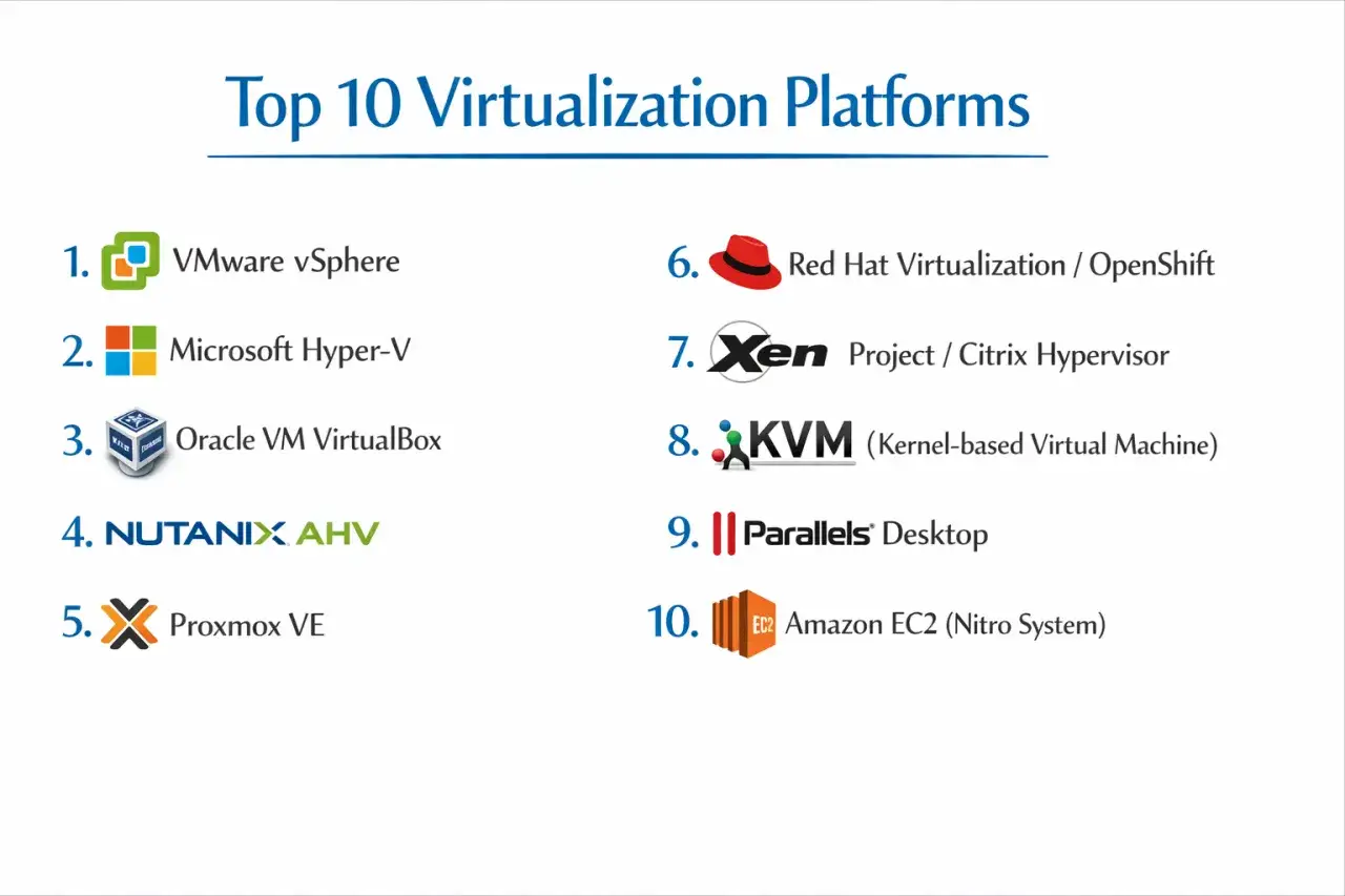 Classement des 10 meilleures plateformes de virtualisation, incluant VMware, Microsoft Hyper-V, et d'autres pour trouver la meilleur machine virtuelle.