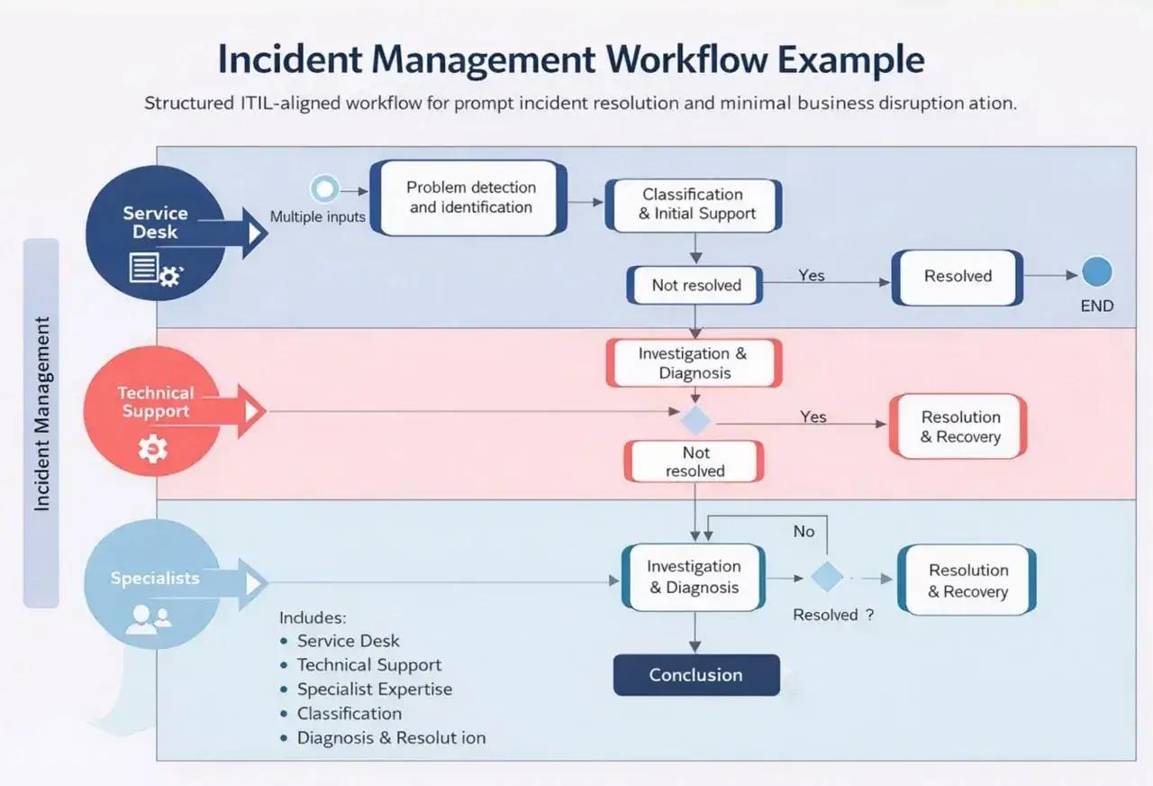Diagramme illustrant le processus de gestion des incidents, de la d&eacute;tection &agrave; la r&eacute;solution, impliquant le Service Desk, le Support Technique et les Sp&eacute;cialistes.