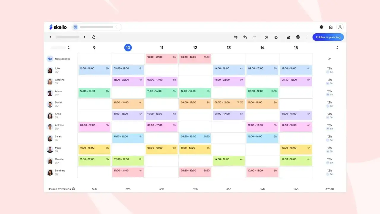 Tableau de planification d'&eacute;quipe avec horaires et noms, similaire &agrave; une google sheet fonction.