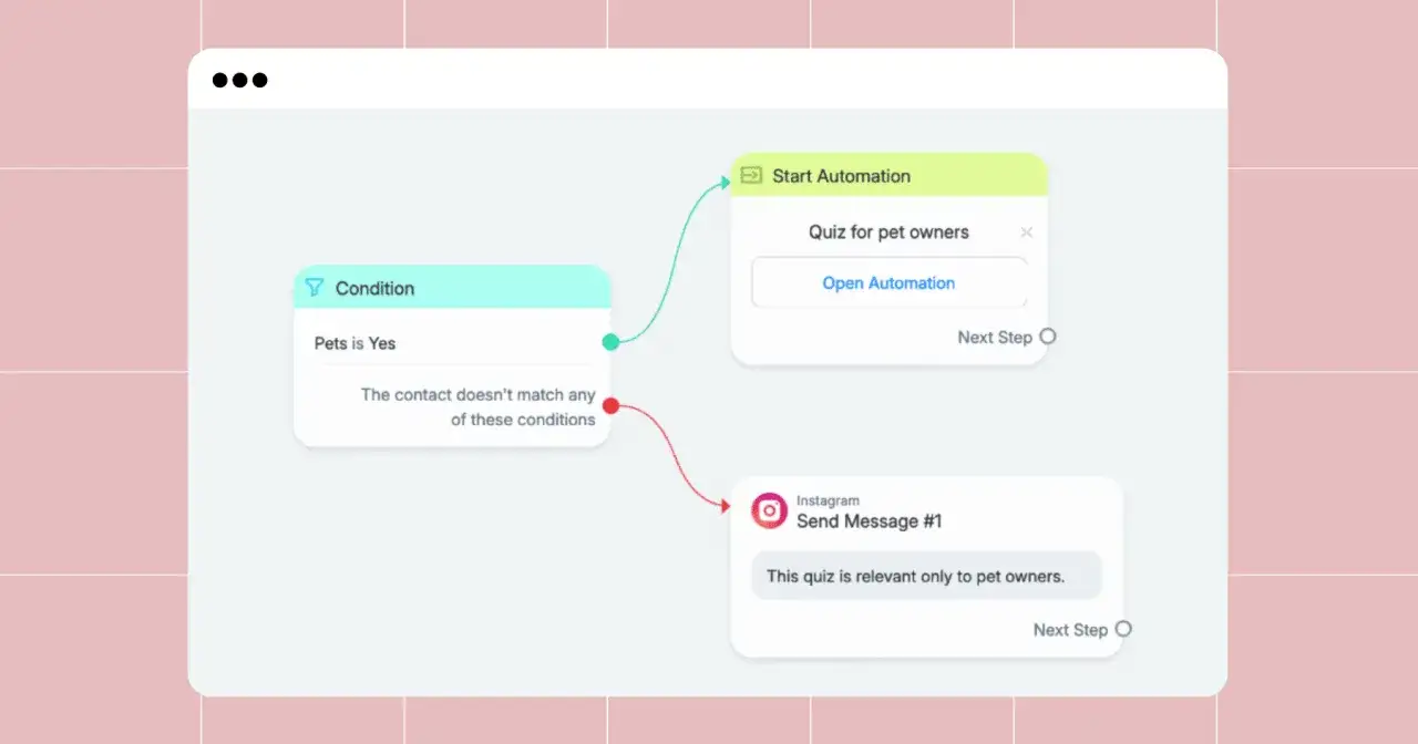 Un aper&ccedil;u de ce qu'est ManyChat : une automatisation qui d&eacute;marre un quiz pour les propri&eacute;taires d'animaux si la condition 