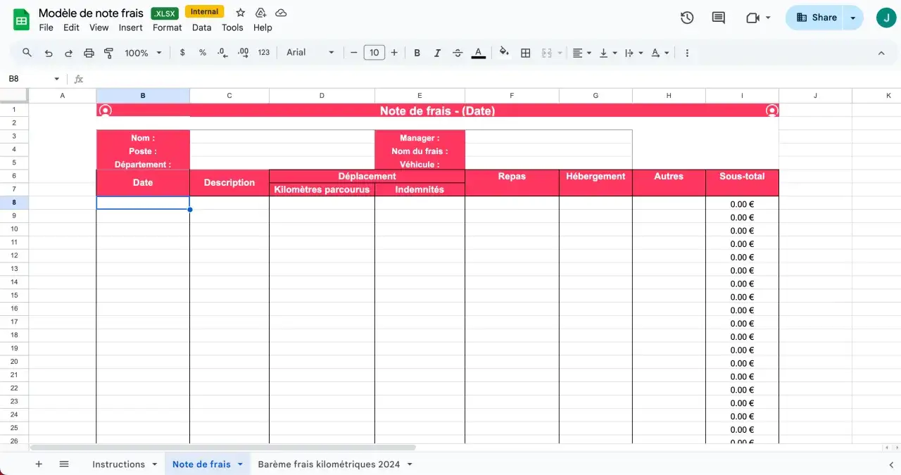 Mod&egrave;le de note de frais avec champs pour nom, poste, d&eacute;partement, date, description, d&eacute;placement, repas, h&eacute;bergement, autres et sous-total.