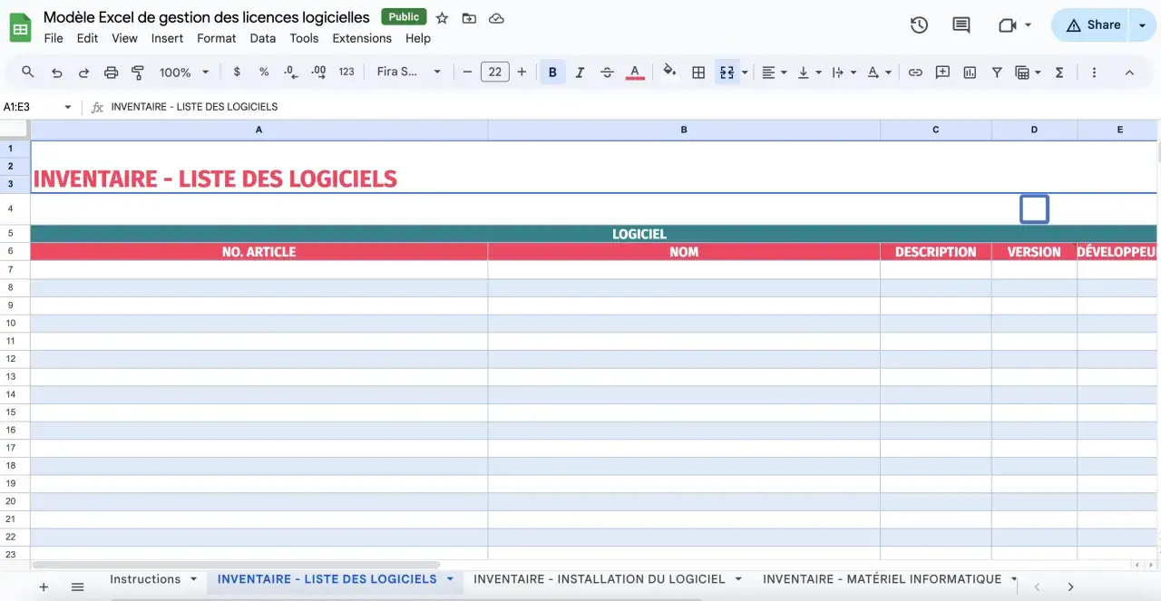Tableau Excel pour le software asset management, listant les logiciels avec leurs numéros d'article, noms, descriptions, versions et développeurs.