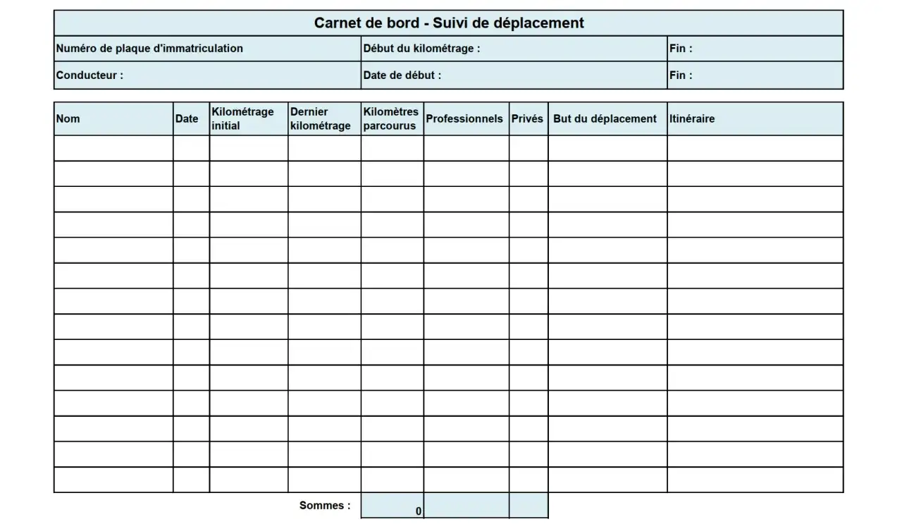 Tableau suivi v&eacute;hicule Excel gratuit pour enregistrer les d&eacute;placements, avec champs pour nom, date, kilom&eacute;trage, et itin&eacute;raire.