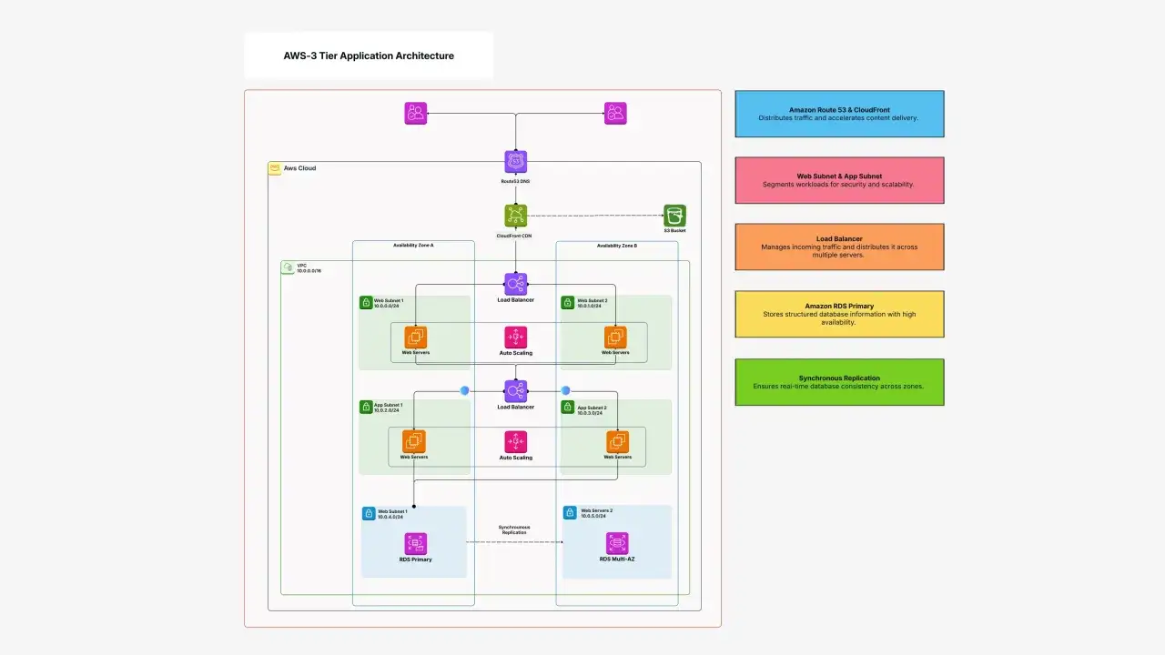 Architecture 3 tiers : Route 53, CloudFront, Load Balancers, Auto Scaling, Web/App Subnets, RDS Primary et Multi-AZ pour une haute disponibilit&eacute;.